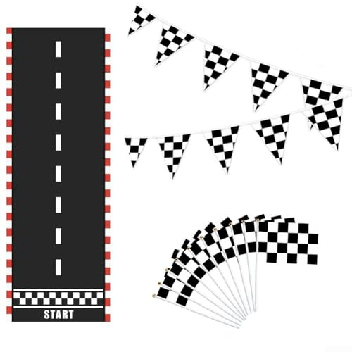 Sumsoctober Racing-Flaggen-Set, schwarz-weiß, Rennbahn-Dekorationsset mit Handflaggen, Banner, Bodenmatte für Party, Themenveranstaltungen, Sport-Renndekoration