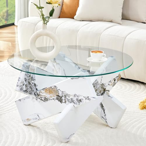 EURHCIO Table Basse Verre Ronde 79X79X45CM,Table Basse Salon,Tables D'appoint avec Verre Trempé de 0,8cm D'épaisseur,Cadre en Bois Créatif en Forme de Croix,pour Salon,Bureau (Blanc)
