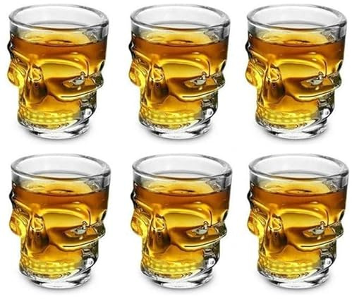 Generico Set 6 Bicchierini Shot a Forma di Teschio in Vetro Borosilicato – 40 ml, Ideali per Liquori, Vodka e Whisky