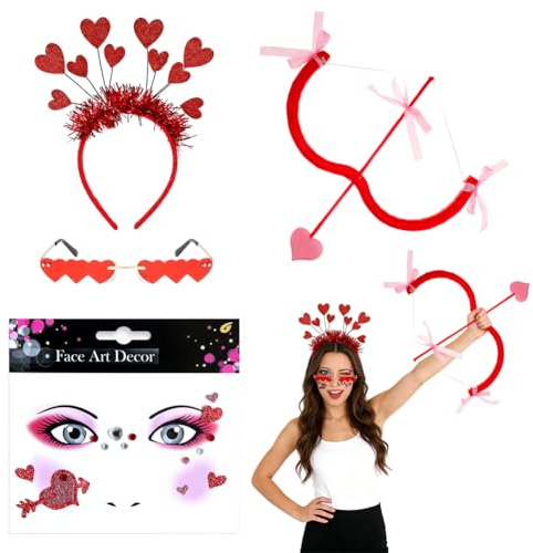 Set Amor Kostüm Damen 4 Stück,Karneval Kostüme Amor Set mit Glitzer Haarreif Herzbrille Amor Pfeil Und Bogen,Herz Gesichttattoos Für Valentinstag Karneval Halloween Party Karneval Mottoparty Cosplay