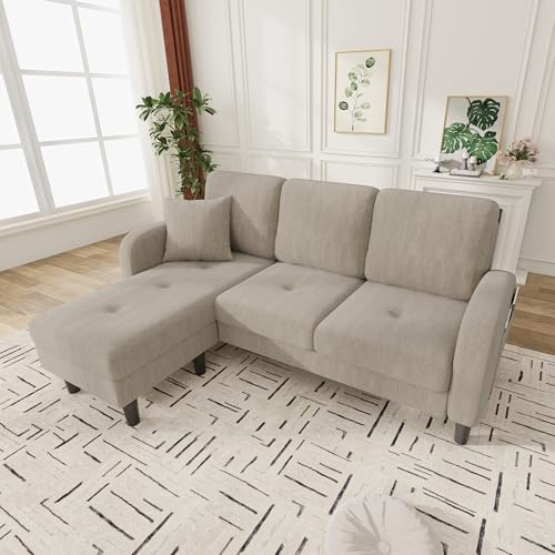 Ecksofa L-Form Klein 3 Sitzer Couch Baumwolle Leinen mit Ottomane Rechts Links Montierbar Modulare Wohnlandschaft Kompakt 166x118cm Polsterecke für Kleine Räume & Jugendzimmer