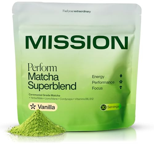 MISSION - Perform Matcha Superblend - Vanilla Flavour - 120g - Ceremonial Grade Matcha, Yerba Mate, Lion’s Mane & Cordyceps - 30 servings