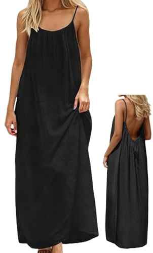 makabaky Robe Été Femme Dos Nu Bretelles Spaghetti Longue Vacances Légère | Chic,Elegant,Boho,Couleur Unie,Fluide,Ample,Doux,Quotidien,Sorties,Plage,Maxi,Décontracté