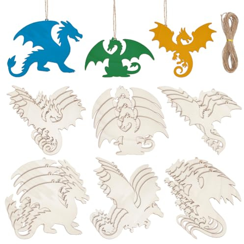 UNICRAFTALE 24 Stück 6 verschiedene Drachen Ausschnitte Aus Holz Unbehandelte Drachen Hängedekorationen Mit Schnur DIY Tierbastel Geschenkanhänger Für Heim Und Partydekoration Bastelprojekt