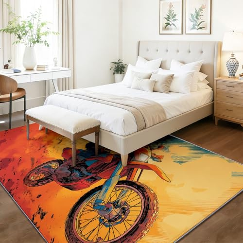 Teppich Wohnzimmer Orange Blau Waschbarer 140 x 200 cm Kurzflor Teppich, flauschig weich rutschfest, Cartoon Strichzeichnung Motorrad Design, für Küche Schlafzimmer Kinderzimmer