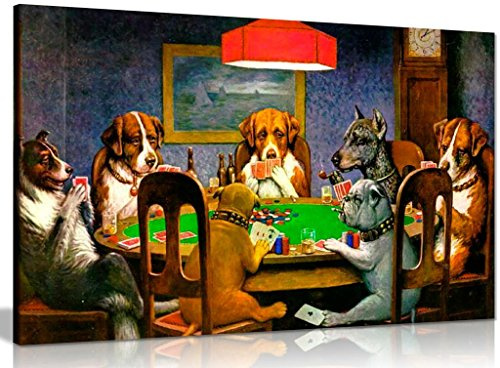 Dogs Playing Poker Canvas Wall Art 30x20 in, Framed Ready to Hang | C. M. Coolidge Painting, Vivid Colours on Solid Pine Frame, Decor for Game Room, Home Bar, Man Cave, Dog Playing Cards Print
