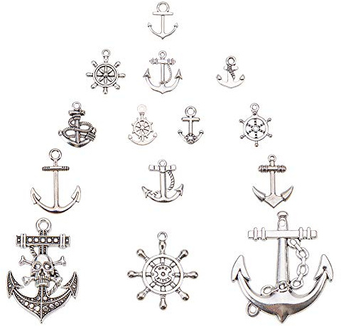nbeads ca. 100g Tibetischen Stil Gemischten Kompass Anker Rad Schiff Charme Anhänger für Halsband Halskette, Antik Silber, 17-30x14-27x1,5-3,5mm, Loch: 2-3mm; über 38-40pcs/100g