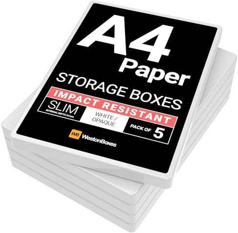 WestonBoxes A4 Slim Plastic Presentation or Storage Boxes with lids for A4 Paper and Card (White, Pack of 5)