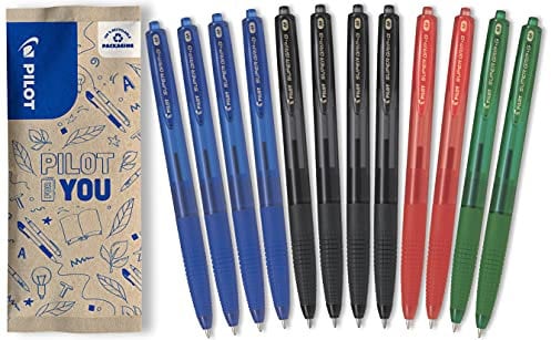 PILOT - 12er-Set Super Grip G Kugelschreiber - Nachfüllbarer und einziehbarer Kugelschreiber mit ultraweicher Tinte - Komfortables Schreiben - 4 Blau, 4 Schwarz, 2 Rot, 2 Grün - Mittlere Spitze