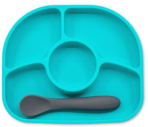 bblüv - Yümi - Assiette de bébé anti-renversement avec ventouse et cuillère en silicone (Aqua)