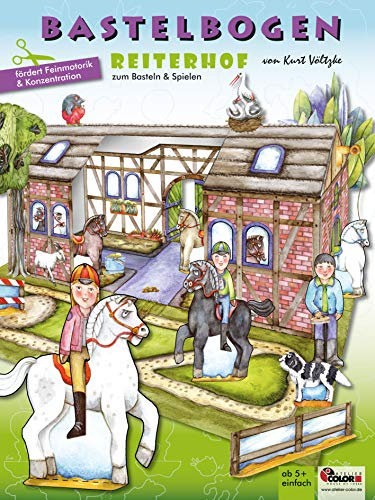 Reiterhof Bastelbogen bespielbarer Pferdestall mit Pferden Basteln aus Papier zum Ausschneiden für Mädchen ab 5+ Jahren Papiermodelle zum Spielen