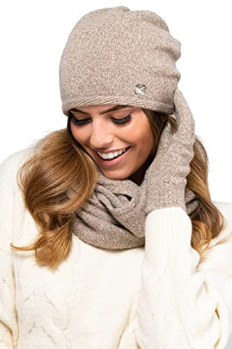 Kamea Winterset für Damen Anna 2-Teilig bestehend aus Loop-Schal und Wintermütze, Beanie, Damenschal als Winter-Schal, hergestellt in EU, Winter Set:Hellbraun