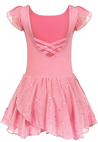 Arshiner Kinder Ballettkleidung Mädchen Ballettkleid Rosa Kurzarm Balletttrikot Baumwolle Ballettanzug Tanzkleid mit Rock Tütü 5-6 Jjahre