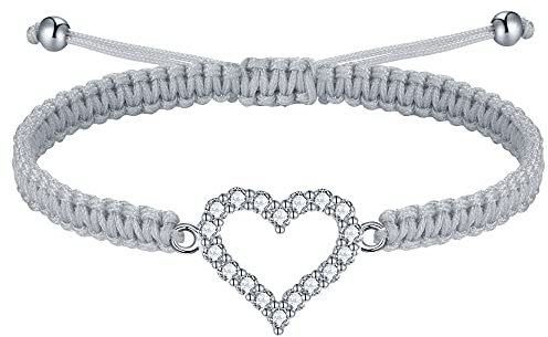 J.Endéar Bracelet Multicolore Coeur pour Femme Argent 925 Bracelet Tressé Fait Main avec Chaîne ajustable Bracelet Cordon avec Coeur, Gris