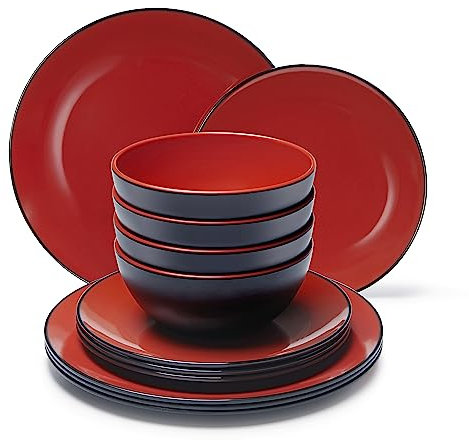TP 12-Piece Dinnerware Set, Melamine Dishes Set with Bowls and Plates, Dinner Service for 4, Non-breakable and Lightweight, Matt Black and Red