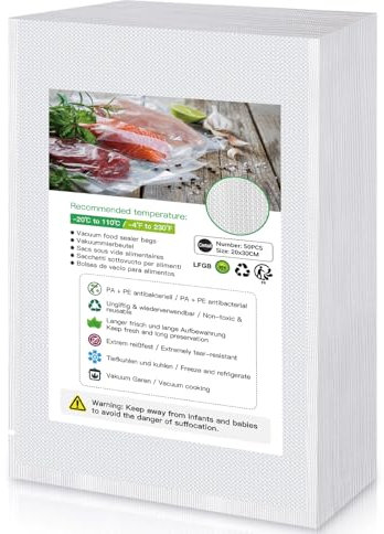 BoxLegend Profi Vakuumbeutel für Lebensmittel, 50 Beutel 20x30cm Vakuumierbeutel für alle Vakuumiergerät, Vakuumkonservierung, Gefrieren und Kochen, Sous Vide Beutel, Gefrierbeutel, BPA-frei