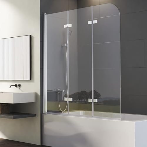 Duschwand für Badewanne 140x140 Silber 3-teilig Faltbar Duschtrennwand, Triple Falttür Badewannenwand Duschabtrennung, Badewannenaufsatz Trennwand mit 6mm Nano EGS Glas, Badewannenfaltwand Faltwand