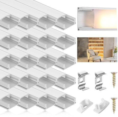 DazSpirit LED Aluminiumprofil, 20 Stück x 1m LED U-förmiges Aluminiumprofil mit weißer milchiger Abdeckung, Endkappen und Montagehalterung für LEDStreifen