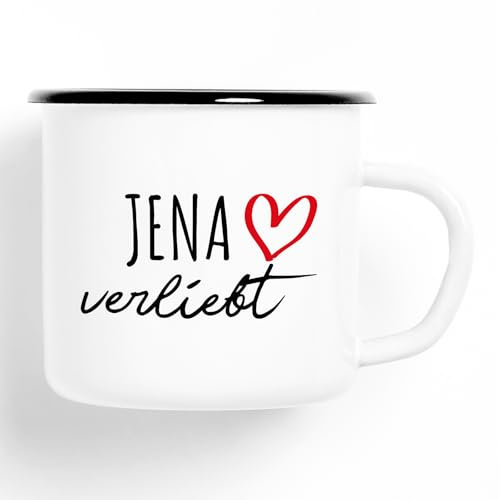 Huuraa Emaille Tasse Jena verliebt 300ml Vintage Campingbecher Geschenkidee