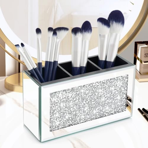 Amezey Crystal Crushed Diamond Silver Makeup Brush Holder Organizer, 3 Slot Mirrored Cosmetics Brushes Storage Case, Cute Pen and Pencil Glass Holder for Desk, Eyeliners Display Case for Vanity