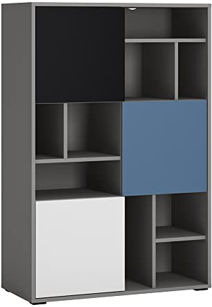 Lomadox Regal, Standregal, Bücherregalö Jugendzimmer, Büro in grau mit schwarz, weiß, blau, B/H/T: ca. 83,7/126,6/40 cm