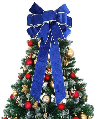 iSpchen 60 cm Weihnachtsschleifen, Samt Bänder Groß Schleife Weihnachtsbaum Schmücken, Weihnachtskränze Hängende Dekoration für Türen und Fenster,Blau