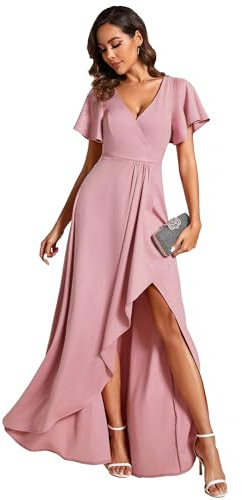 Ever-Pretty Robe de Soirée Femme Longue Col V Manches Courtes Fendue Asymétrique A Line Chic Rose Poussiéreuse 38