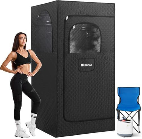 COSVALVE Sauna portatile a vapore, tenda per sauna personale, per casa, relax domestico, con generatore di vapore da 4 l, 1600 W, telecomando, timer, sedia pieghevole (80 x 80 x 180 cm)