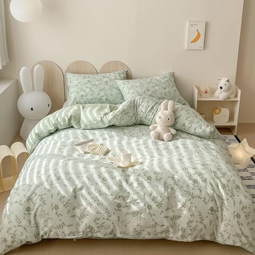 GETIYA Romantisch Blumen Bettwäsche 200x200 Baumwolle Blümchen Floral Muster Bettbezug Doppelbett Weiß Grün Pflanzenmuster Mit 2 Reißverschluss Kissenbezug 80x80