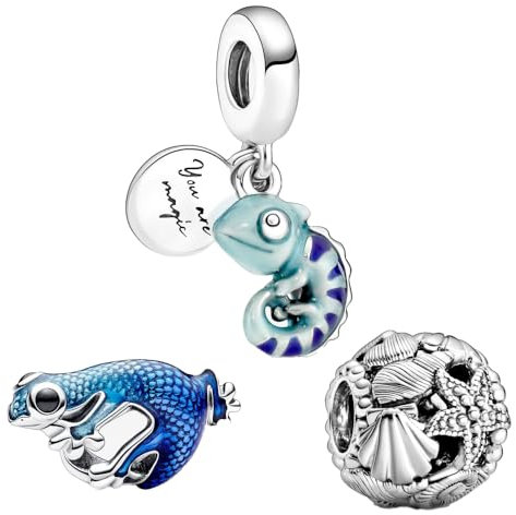 Feitery Ensemble de Trois(Gecko-Caméléon-Coquillage) Charms Compatible avec les Bracelets et Colliers Pandora Voyageant Perles pour Femme