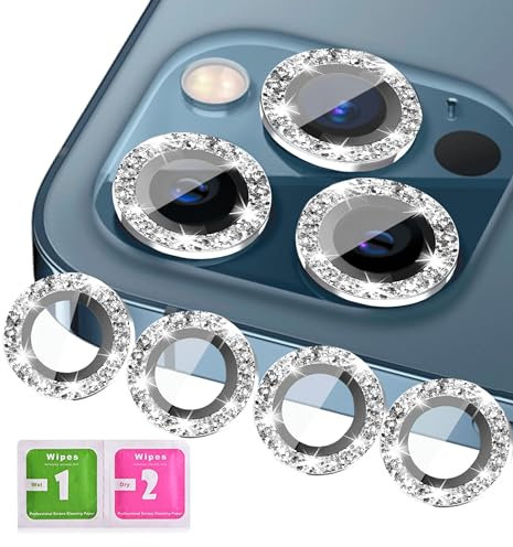 KONVOK Kameraschutz kompatibel für iphone 11 pro, 11, 11 mini und iphone 11 pro max Kameraschutz, Bling Glitzer Individuelle 9H Gehärtetes Glas Metallring Abdeckung, HD Klar Lense, 4 Stück (Silber)
