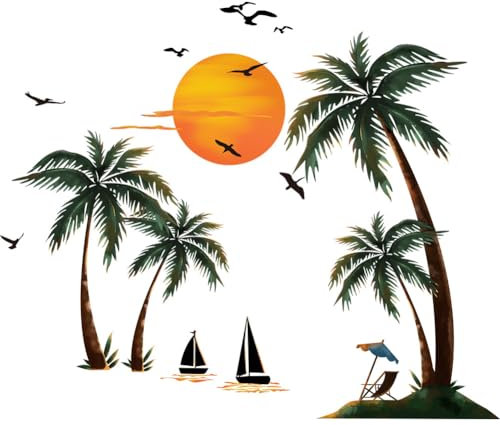 Buiory Wandaufkleber, tropische Palme, zum Abziehen und Aufkleben, Sommer-Strand-Wandaufkleber, große Meereswellen, Strandstühle, Wandkunst, Aufkleber für Schlafzimmer, Wohnzimmer, Zuhause, Büro,