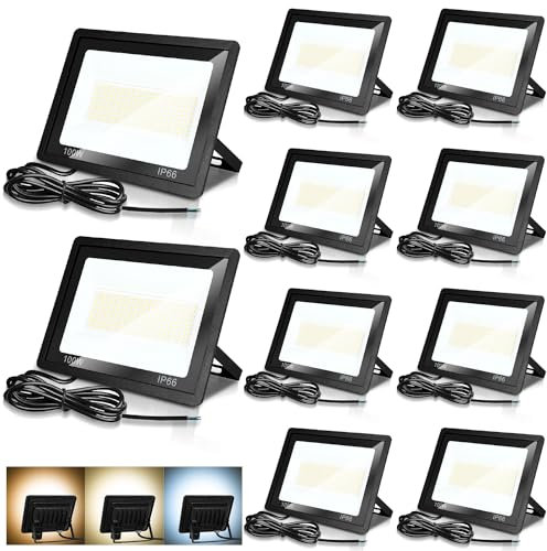 Jopassy LED Strahler Außen 10X 100W dimmbar LED Fluter Scheinwerfer IP65 Wasserdicht Außenstrahler 3000/4000/6500k Flutlicht für Sportplatz Rasenflächen Hinterhof Auffahrt Garage Flur Garten