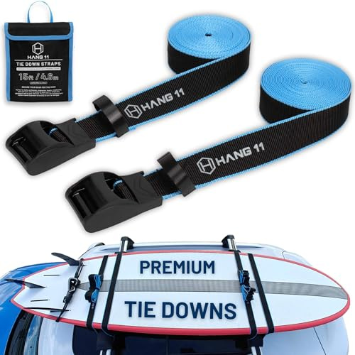 Hang 11 Surfbrett Spanngurte für Dachträger – 4,5 m x 38 mm – Silikon Schnallen ohne Kratzer – Gurte für SUP, Kajak und Kanadier