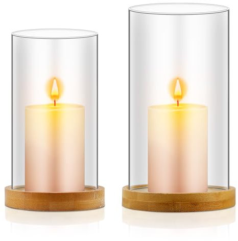 Juego de 2 portavelas, portavelas de cristal, portavelas de cristal, plato para velas, cilindro de cristal transparente con cuentas de madera, bandeja, portavelas para mesa al aire libre, decoración