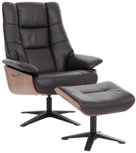 MCA Relaxsessel + Hocker HWC-N57, Fernsehsessel Liegesessel, Holz Echtleder - braun