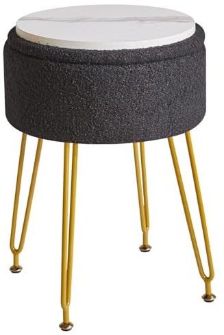 IBUYKE Teddy Velvet Storage Footrest Stool Ottoman, Makeup Vanity Stool Side Table with Removable Cover, Golden Steel Legs, Coffee Table Top Cover, Black WBD010B