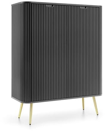 Emporius Loft Sideboard Gerly - Zweitürige Sideboard 100 cm mit Beinen - Gold Griffen, geriffelten Fronten, Hochkommode - Schwarz + Gold