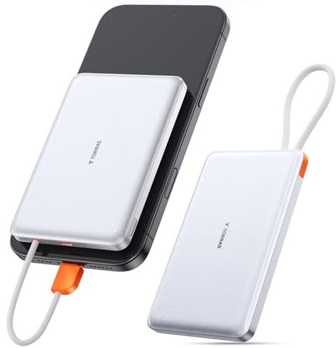 TORRAS PD3.0 Fast Charging Power Bank 10,000mAh with Integrated USB-C Cable, Slim Portable Battery Pack for iPhone 16/15, Samsung Series, Android, AirPods (Not Wireless), Pearl White