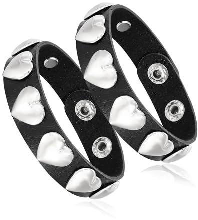 JJDreams 2 Stück Punk Breite Lederarmband Unisex Schwarze Herzförmiges Muster Armband Gothic Rocker Armband Set