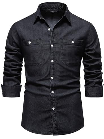 Herren Denim Hemd Casual Dress Hemd Langarm Oxford Hemd Atmungsaktive Hemd, Slim Fit Herren T-Shirt Regular Business Hemd, Knopfleiste Stehkragen Männer Große Größen Top Longsleeve