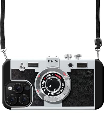 UnnFiko Emily in Paris Handyhüllen iPhone 13 Pro Max,3D Vintage Kamera lustige kreative hülle mit abnehmbarem Kette,Schutzhülle zum Umhängen,Schwarz.