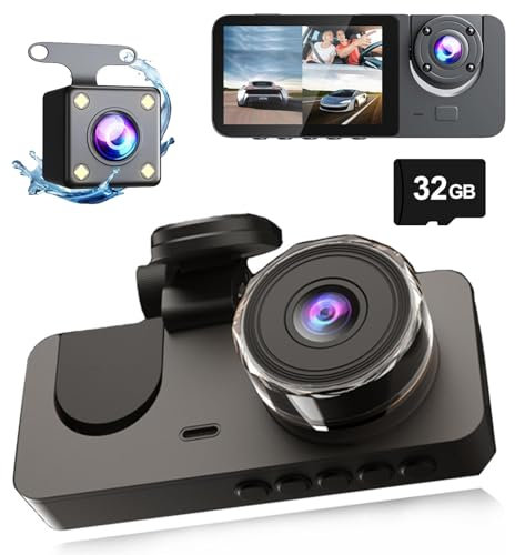 Dual Dashcam Auto 4K Vorne + 1080P Hinten, Mit DREI Kanälen für Front-, Rück- und Innenkameras,Eingebaute 32 GB Speicherkarte, unterstützt Nachtsicht, Loop-Aufnahme, 170° Weitwinkel, Parküberwachung