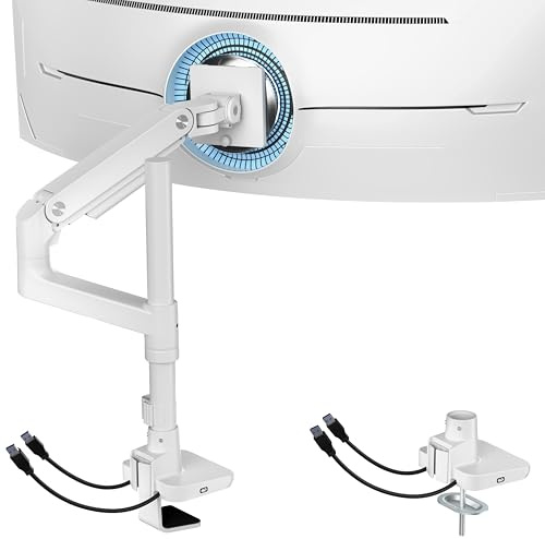 ARES WING Ultrawide Monitor Arm with USB A/C, Single monitor Mount with Extended Column for 17 to 49 Heavy Duty monitors, Holds 44 lbs, Adjustable Gas Spring Monitor arm Desk mount, White