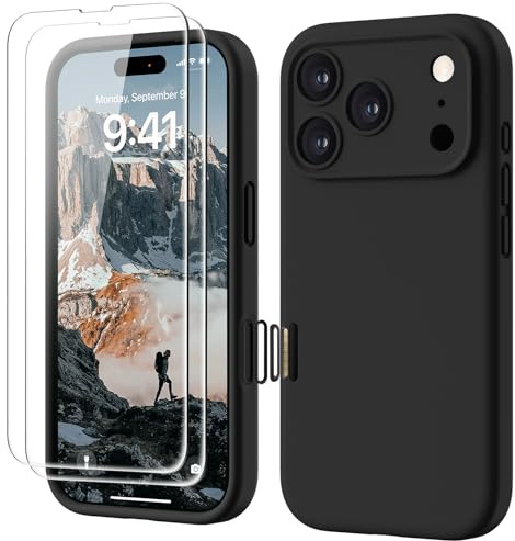 GOODVISH Silicone Cover per iPhone 17 Pro 6.3, Custodia con 2x Vetro Temperato [Pulsante Controllo Fotocamera] 360° Protezione Anticaduta Case per Cellulare Antiurto Resistente, Nero