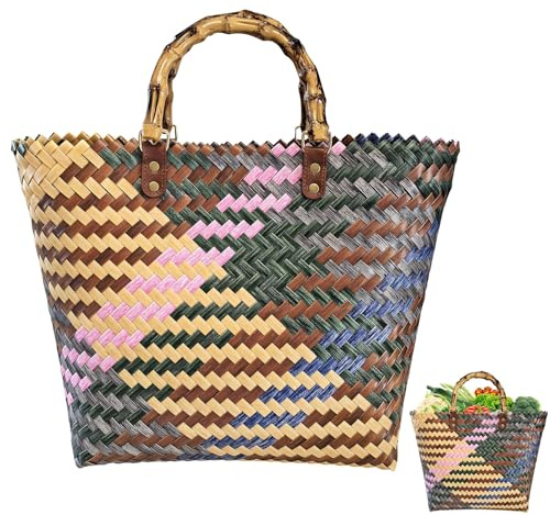Panier à provisions tressé - Grand sac tressé en rotin synthétique - Sac d'été pour femme - Imperméable - Sac de plage - Paille - Sac de courses (F)