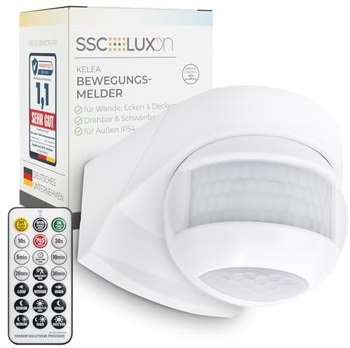 SSC-LUXon KELEA Bewegungsmelder weiß IP54 180°/360° 12m inkl Fernbedienung | Aufputz-Bewegungssensor mit Fernbedienung - 180° & 360° Erfassung bis 12m, Leuchtdauer & LUX regelbar, für Wand & Ecken, IP54