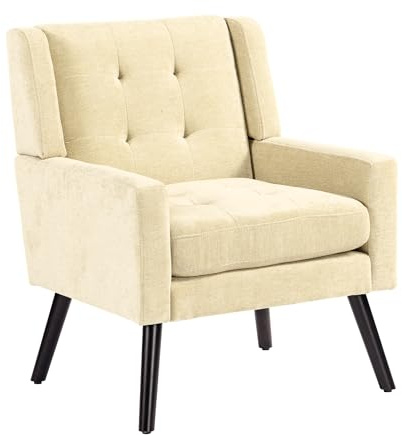 Koaris 68cm Mid-Century Akzentstuhl, Leinen Wohnzimmerstühle，Beige | Gepolsterter bequemer Stuhl, Armsessel mit Holzrahmen, Hochdichtes Schaumstoffpolster, Ergonomisch geneigte Rückenlehne