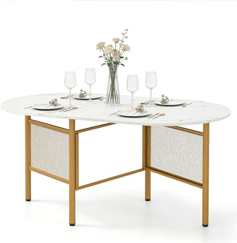 DREAMADE Table à Manger Pliable pour 6-8 Personnes, Table de Cuisine Ovale Rabattable avec Cadre en Métal, Meuble Console Pliable pour Salon, Salle à Manger, Petits Espaces, 150 x 80 x 76 cm (Blanc)