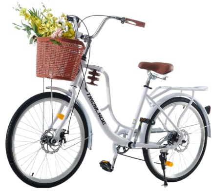 LSBIKE 24/26 Zoll Damen Fahrrad mit Korb, Frauen Mädchen 7-Gang Citybike, Mit Tassenhalter und leichtem Gepäckhalter, Doppelscheibenbremse Stadt Fahrrad, Vintage Fahrrad mit Reflektoren(Weiß, 24 Zoll)